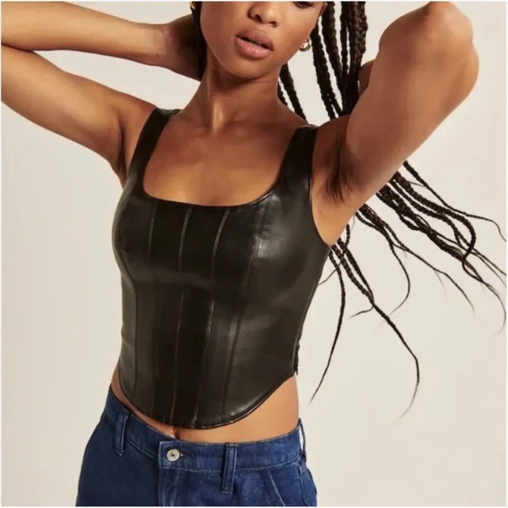 NWT Abercrombie & Fitch Vegan Leather Corset Scoop Neck Tank Top Cream size L - Picture 13 of 13